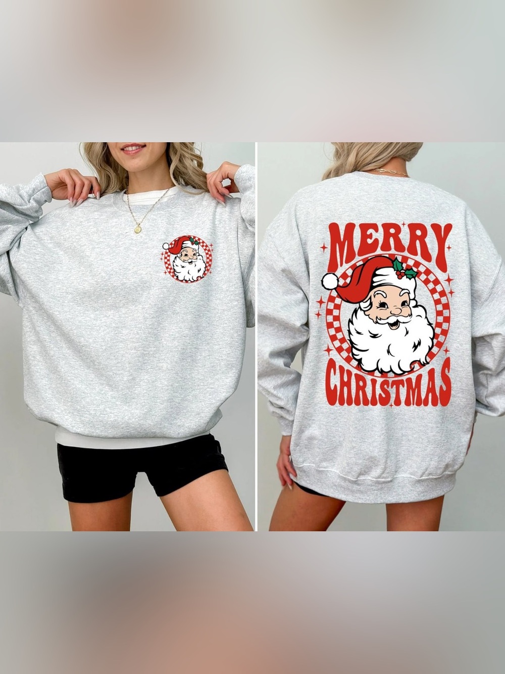 Gray Crewneck Sweatshirt with Red Santa Graphic
